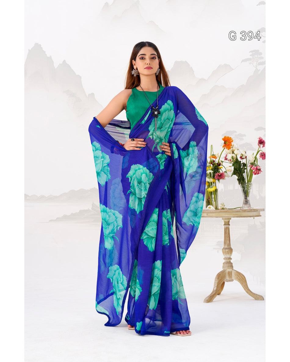 Floral Printed Chiffon Saree with Lace Border – G 394