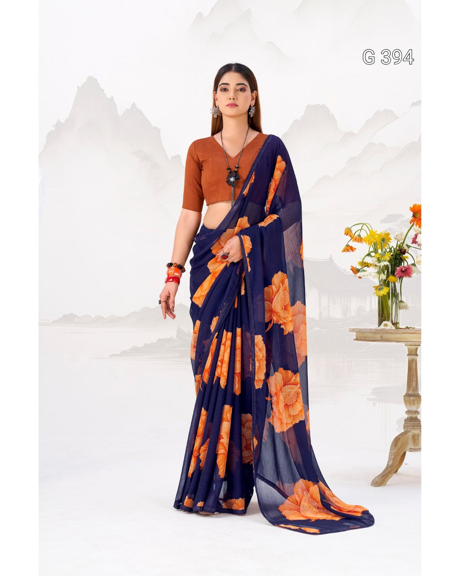 Floral Printed Chiffon Saree with Lace Border – G 394