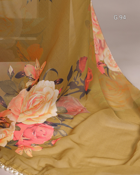 Floral fabric with roses and leaves on a yellow background