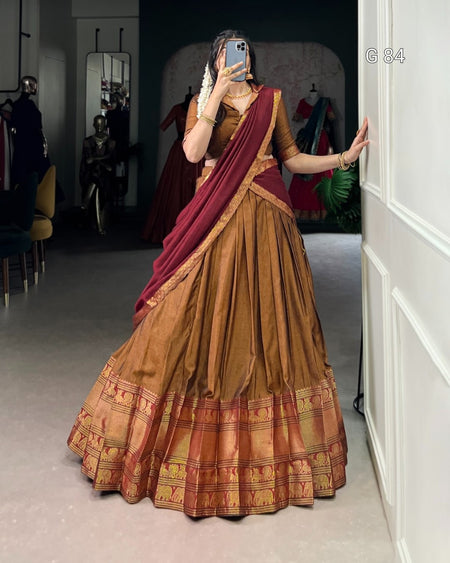 Woman wearing a traditional brown and red saree in a clothing store.