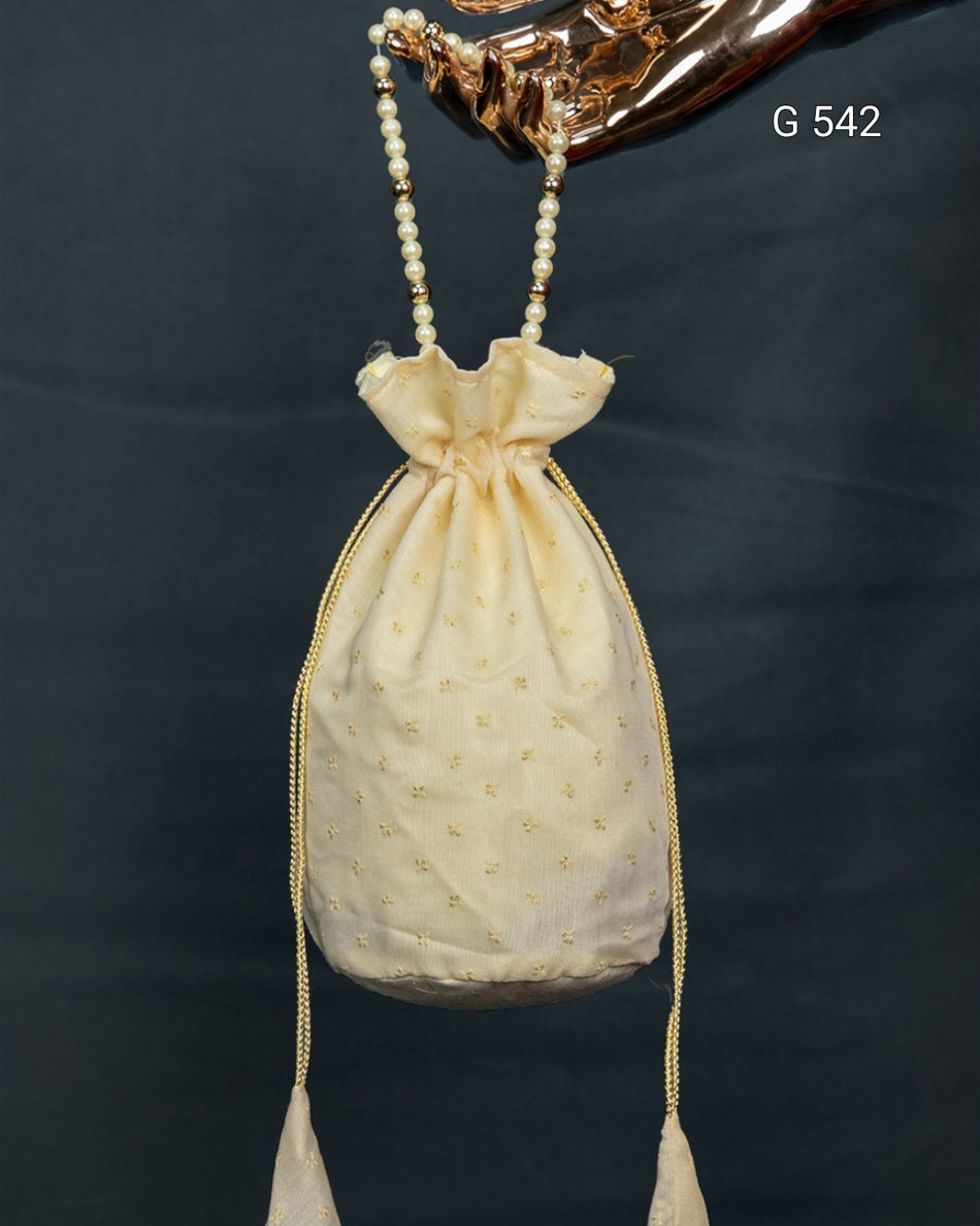 Jacquard Silk Potli with Pearl Lace Border - G 542