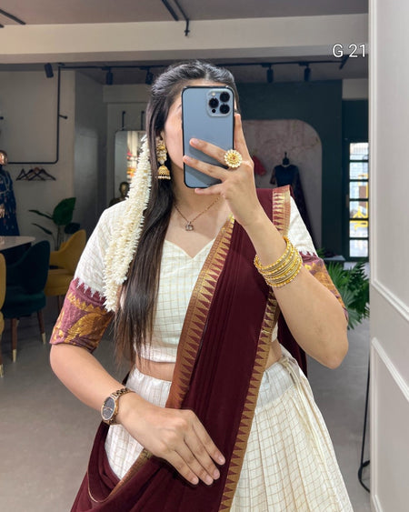 Woman taking a mirror selfie wearing a traditional saree in an indoor setting.