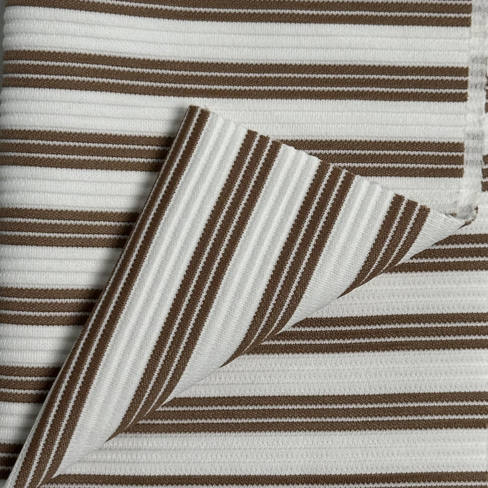 Brown White Striped Corduroy Knit Fabric by Yard, Poly Spandex Stretch Textured Rib Line Material GF 73