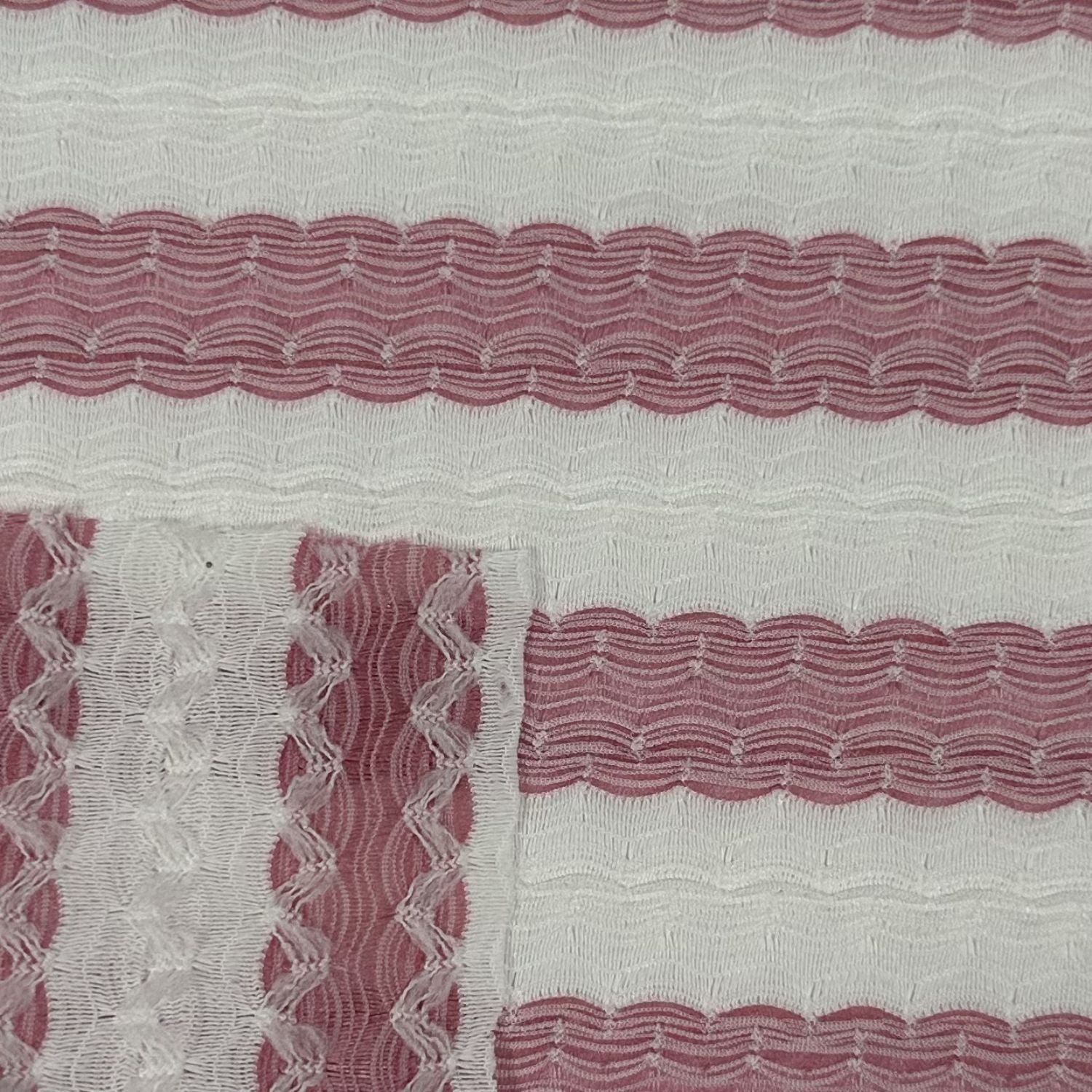 Close-up of fabric with wavy red pattern on a white background