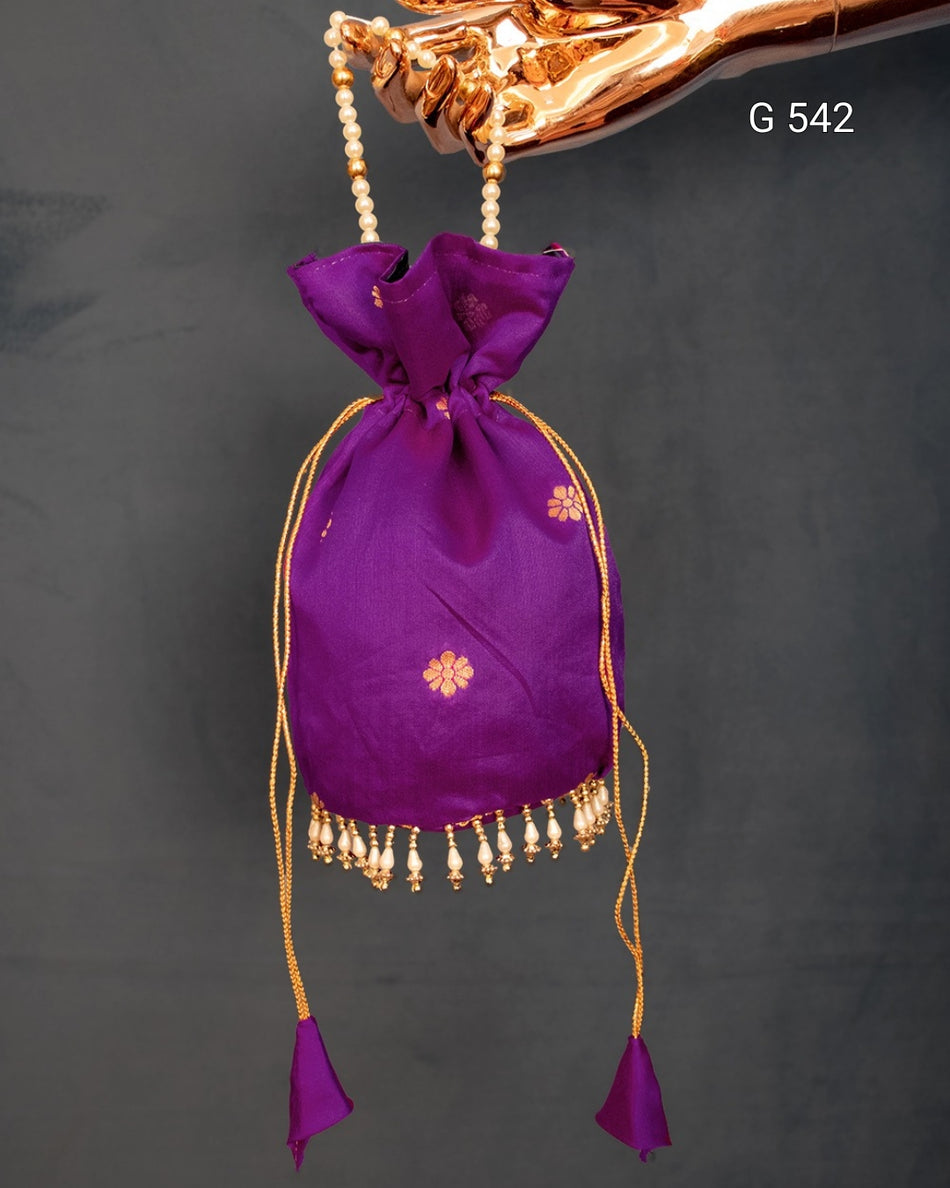 Jacquard Silk Potli with Pearl Lace Border - G 542