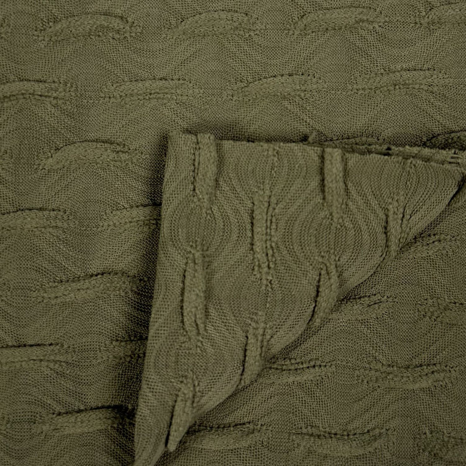 Close-up of textured green fabric with a patterned design.
