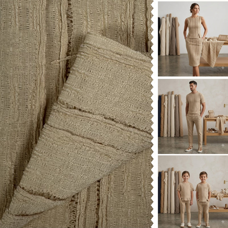 Beige Double Track Knit Fabric by Yard, Poly Spandex Stretch Slub Openwork Mesh Material GF 11