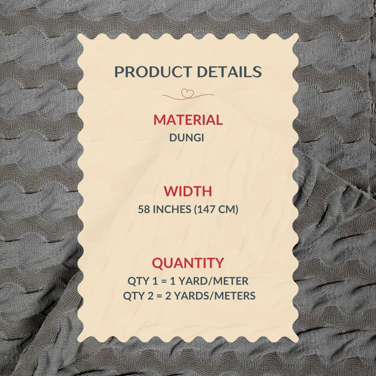 Product details label on a fabric background with material, width, and quantity information.