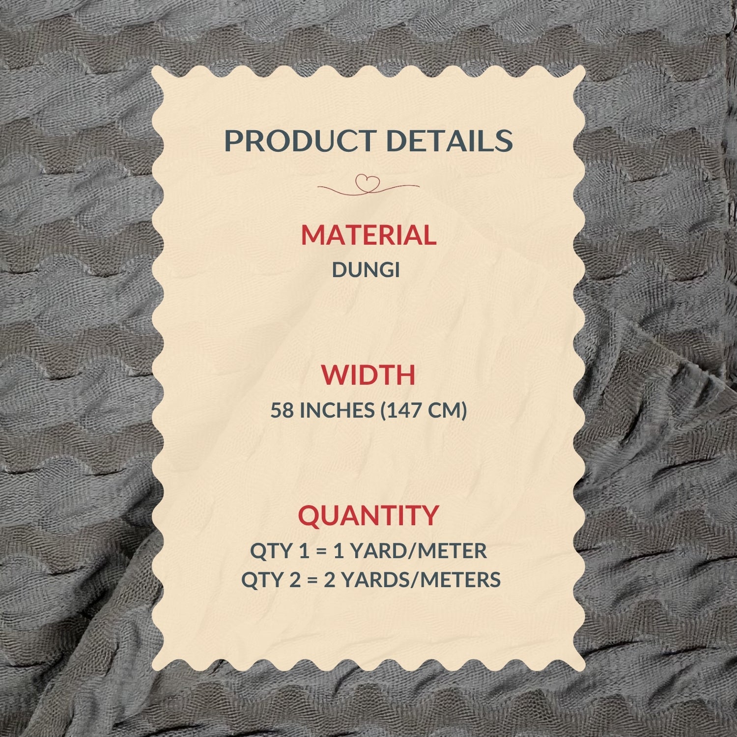 Product details label on a fabric background with material, width, and quantity information.