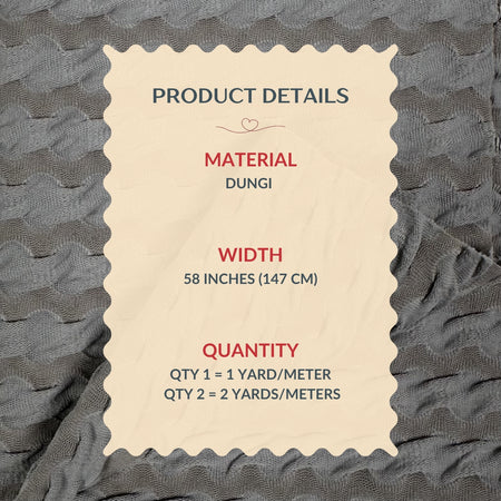Product details label on a fabric background with material, width, and quantity information.