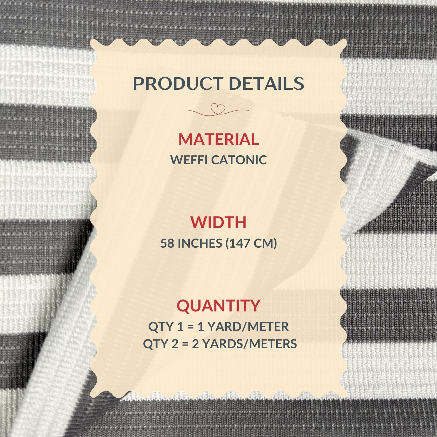 Textile product details label on a striped fabric background