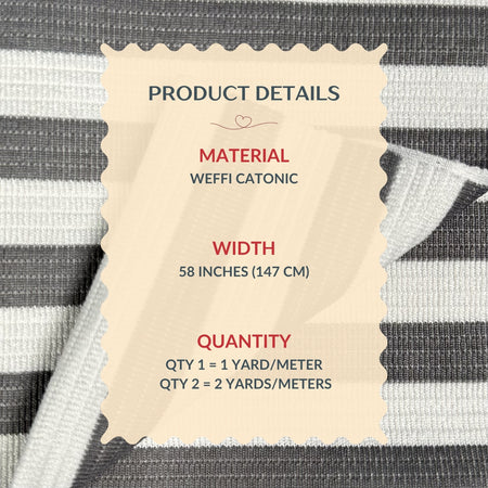 Textile product details label on a striped fabric background
