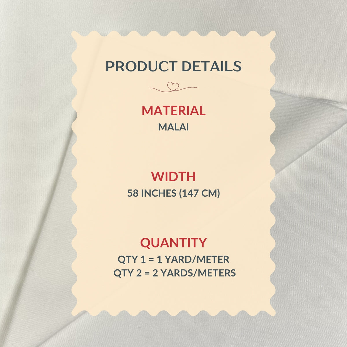 Product details label for material Malai with measurements on a light gray background