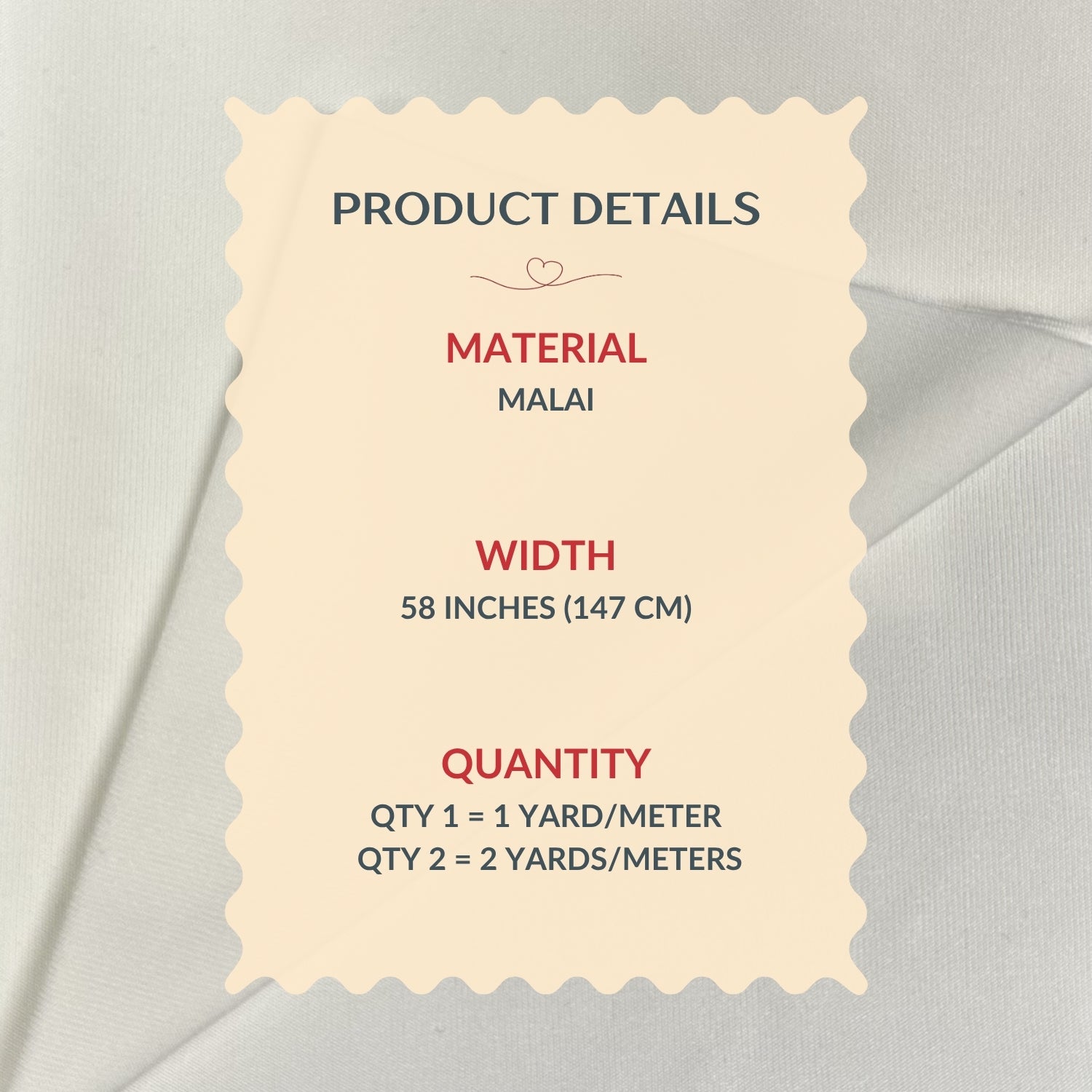 Product details label for material Malai with measurements on a light gray background