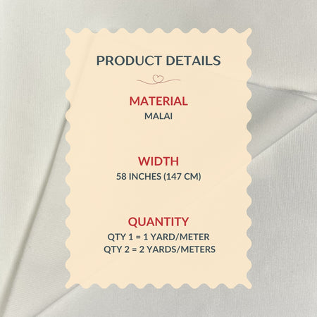 Product details label for material Malai with measurements on a light gray background
