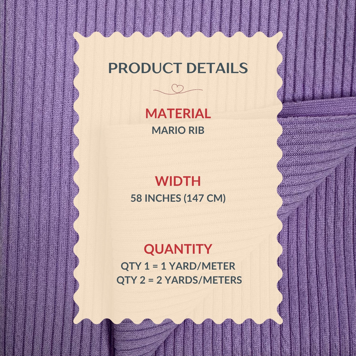 Product details label on a purple fabric background