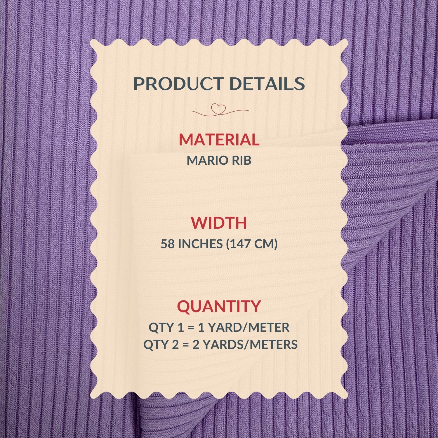 Product details label on a purple fabric background
