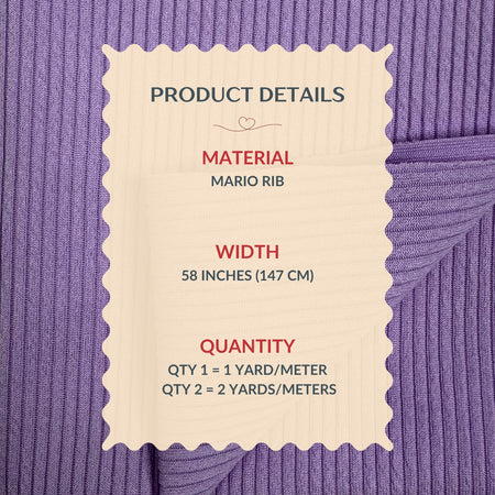 Product details label on a purple fabric background