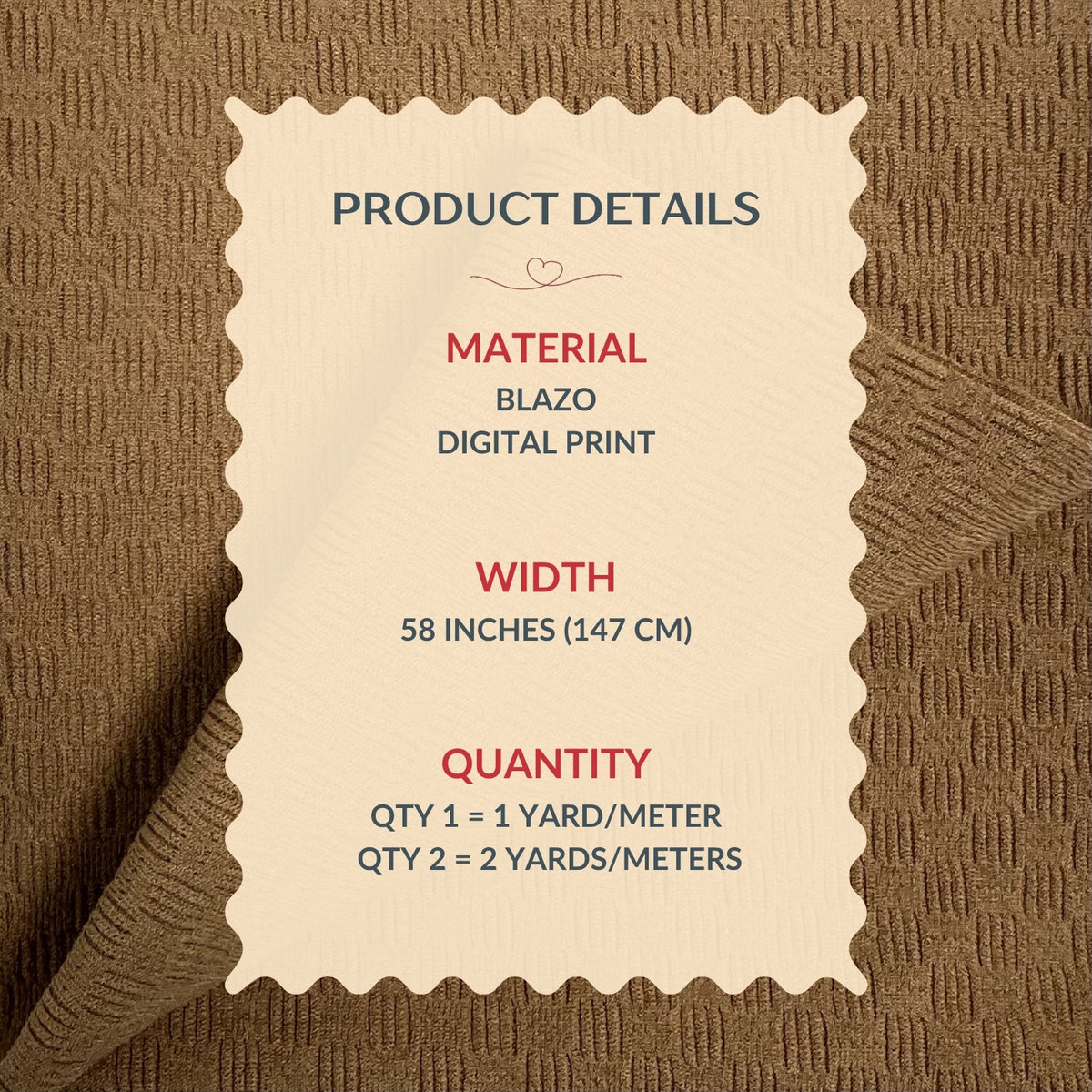 Product details label on a textured brown fabric background