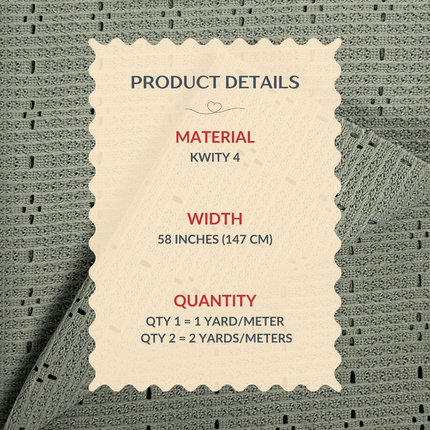 Product details label on a textured fabric background