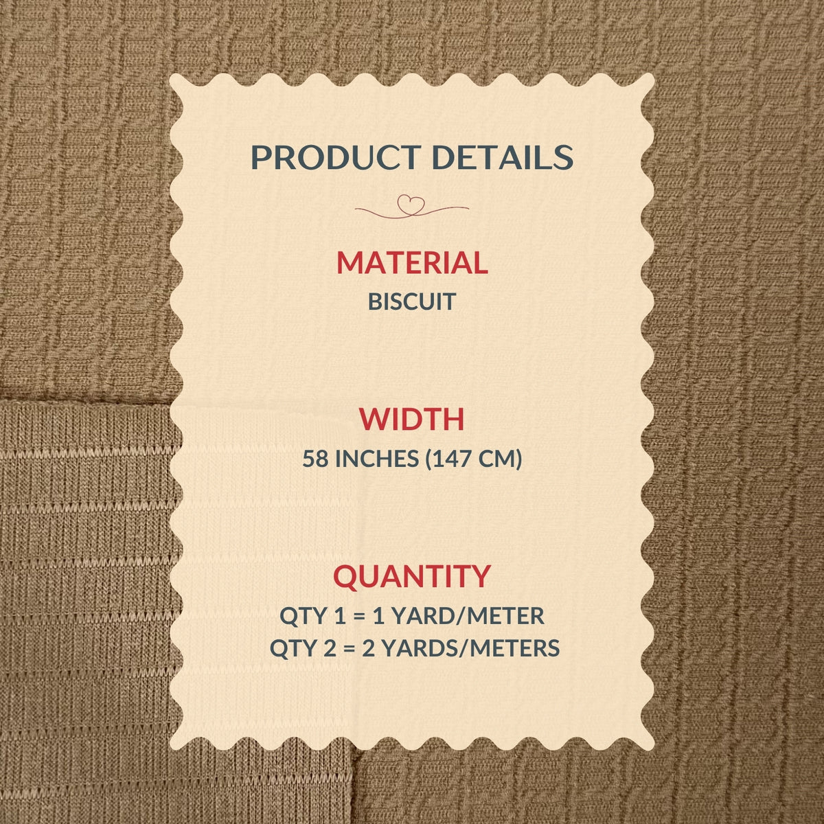 Product details label for a biscuit material on a textured brown background