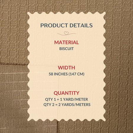 Product details label for a biscuit material on a textured brown background