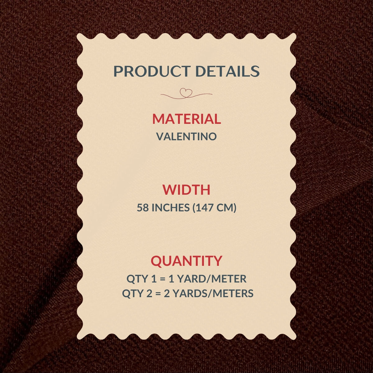 Product details label for Valentino material on a brown background