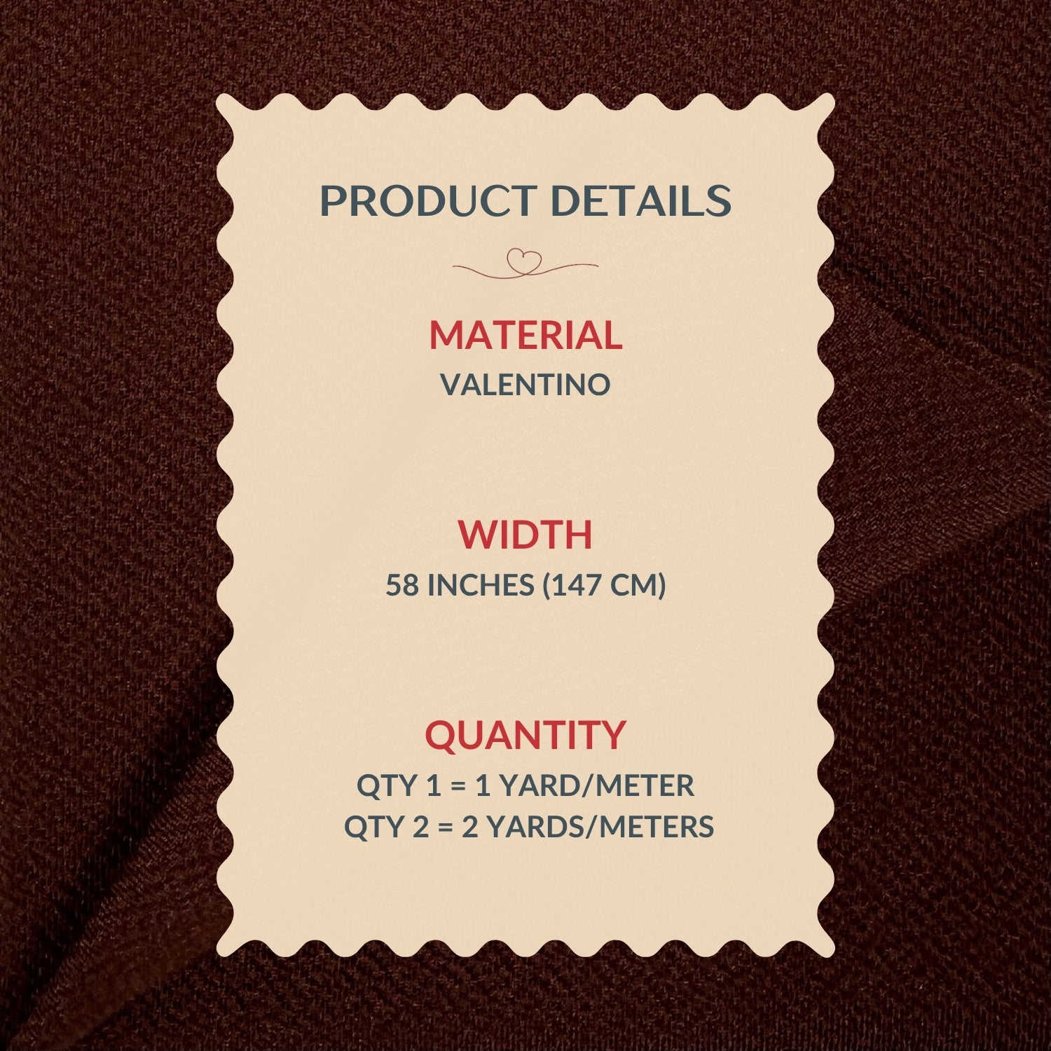 Product details label for Valentino material on a brown background