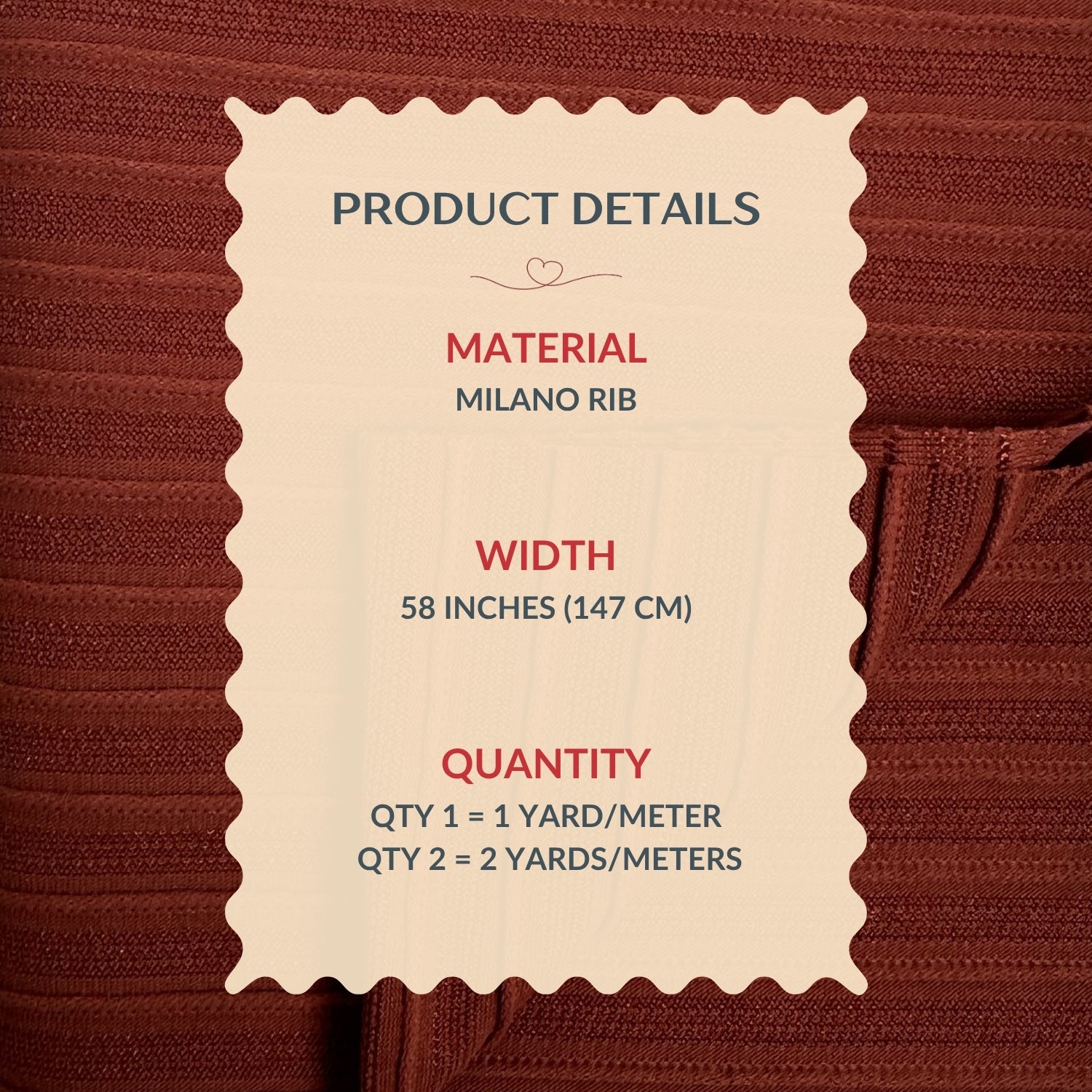 Product details label on a brown ribbed fabric background