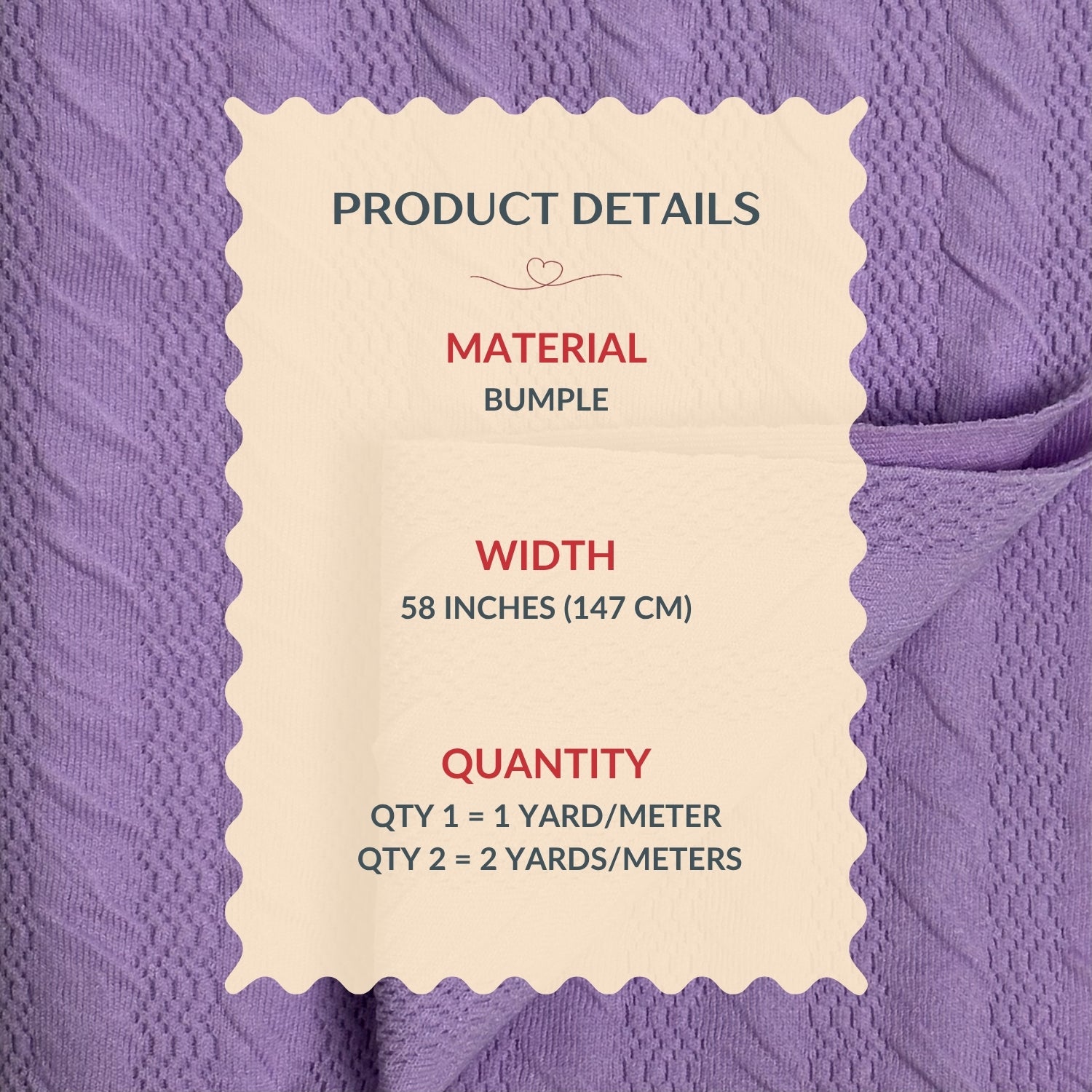 Product details label on a purple fabric background