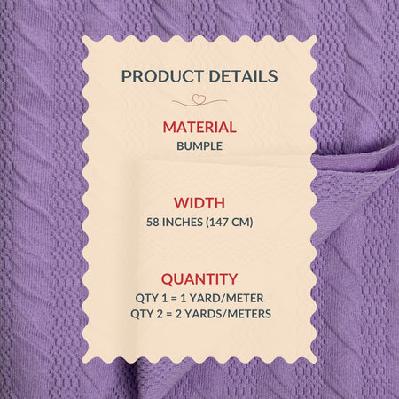 Product details label on a purple fabric background