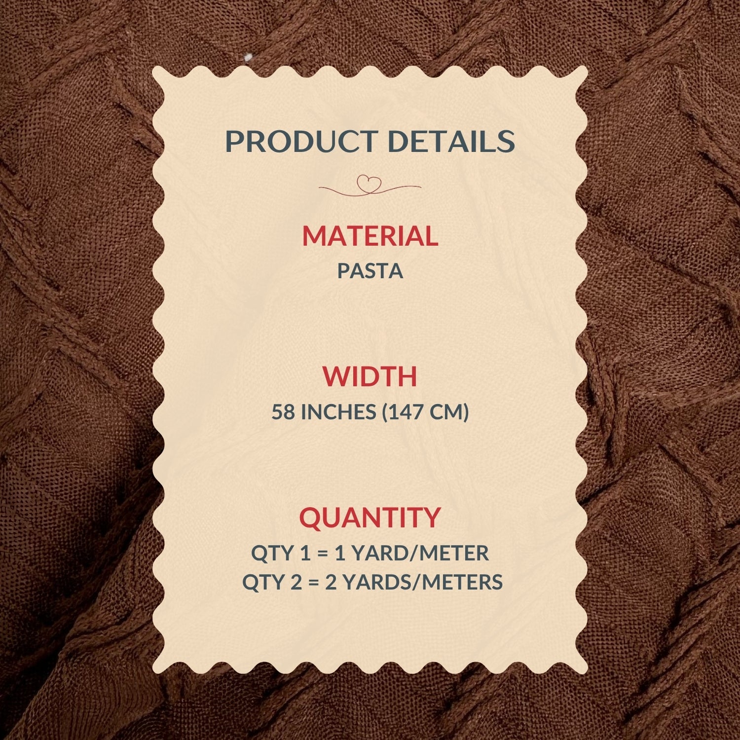 Product details label on a brown textured fabric background