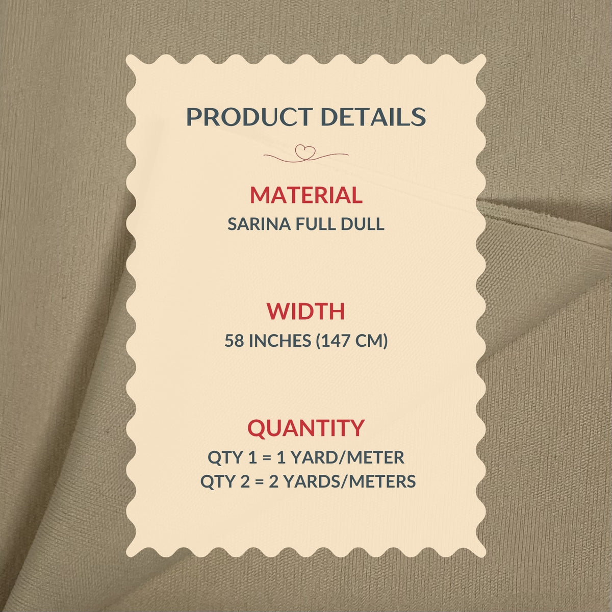 Product details label on a fabric swatch with material, width, and quantity information.
