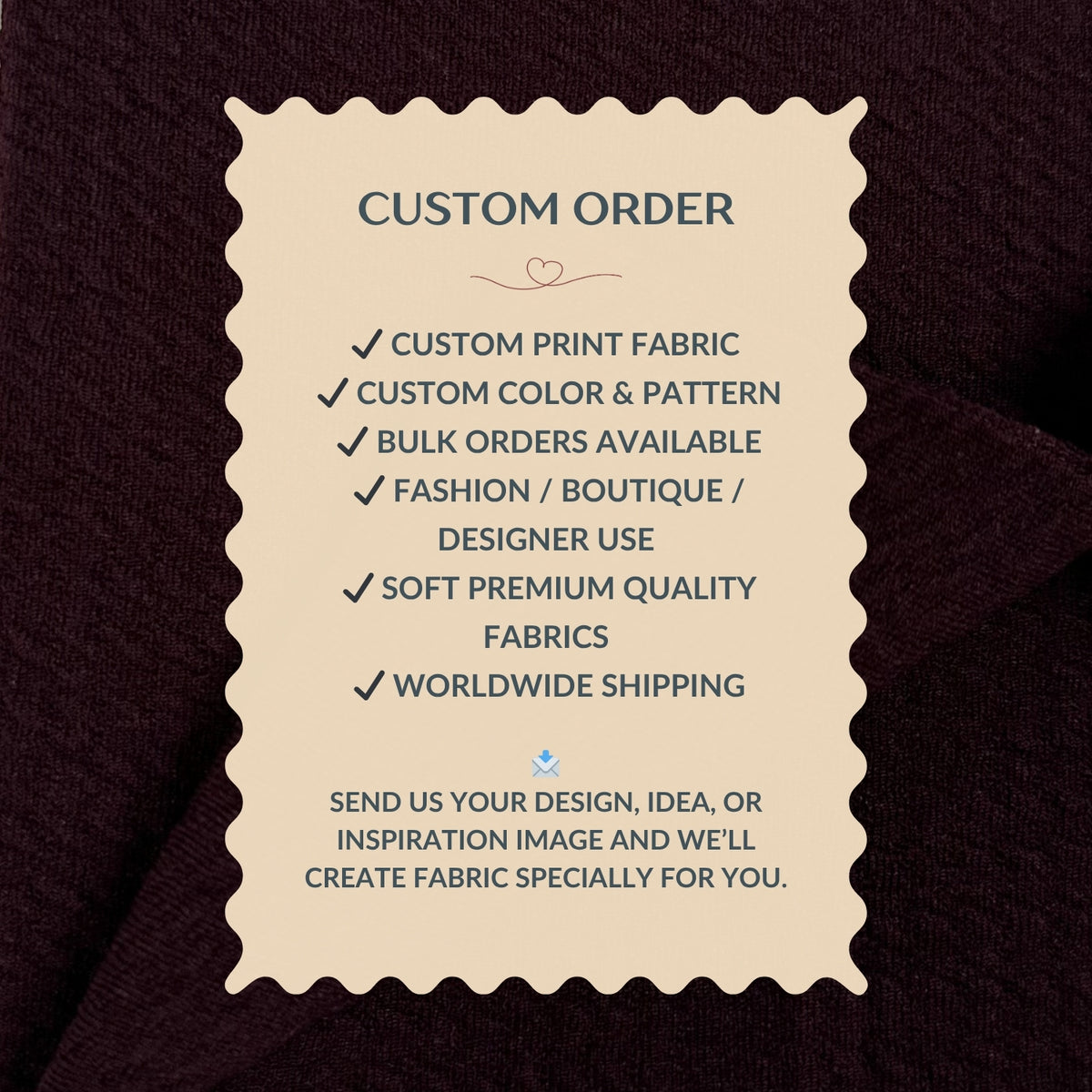 Custom order information card on a fabric background