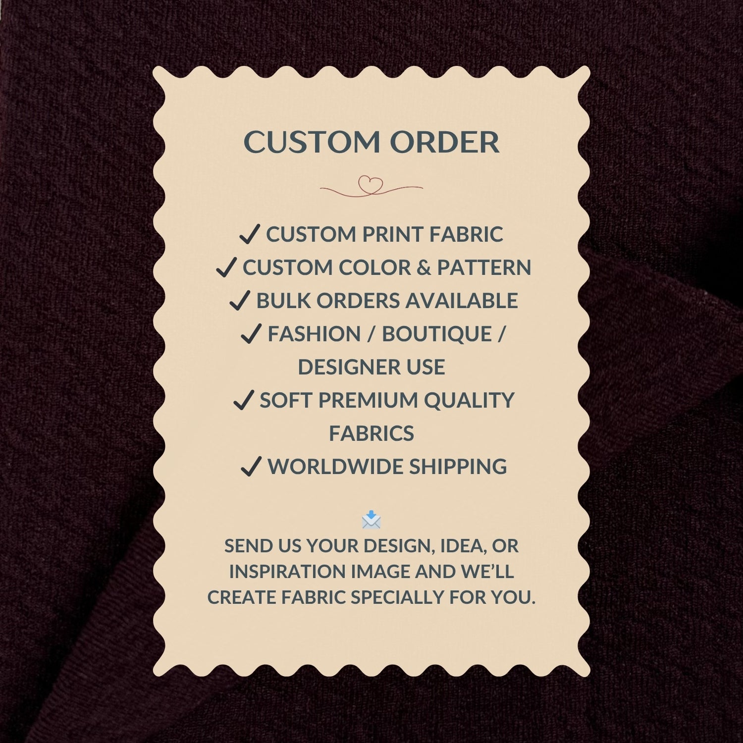 Custom order information card on a fabric background