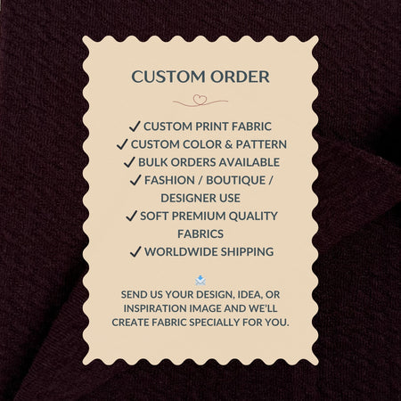 Custom order information card on a fabric background
