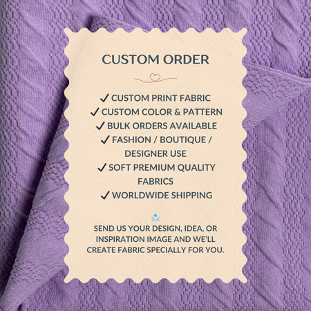 Custom order information card on a textured purple fabric background