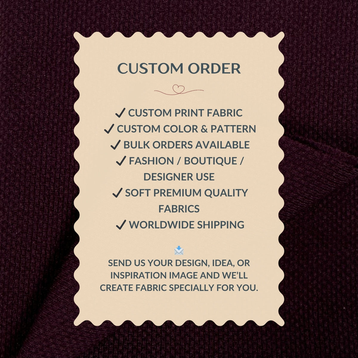Custom order information card on a fabric background