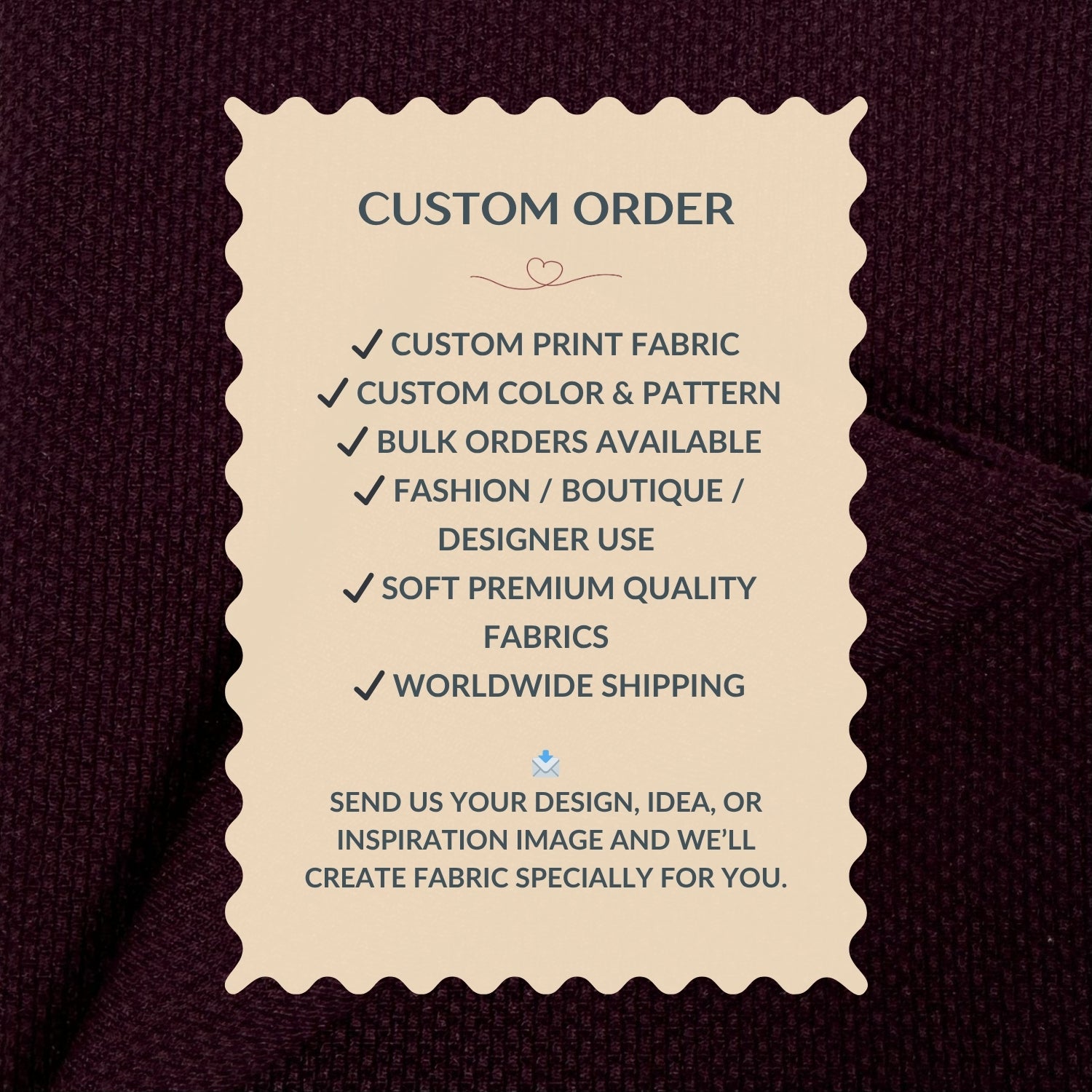 Custom order information card on a fabric background
