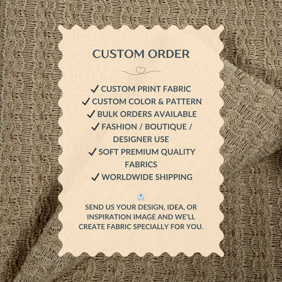 Text overlay on fabric with customizable order details