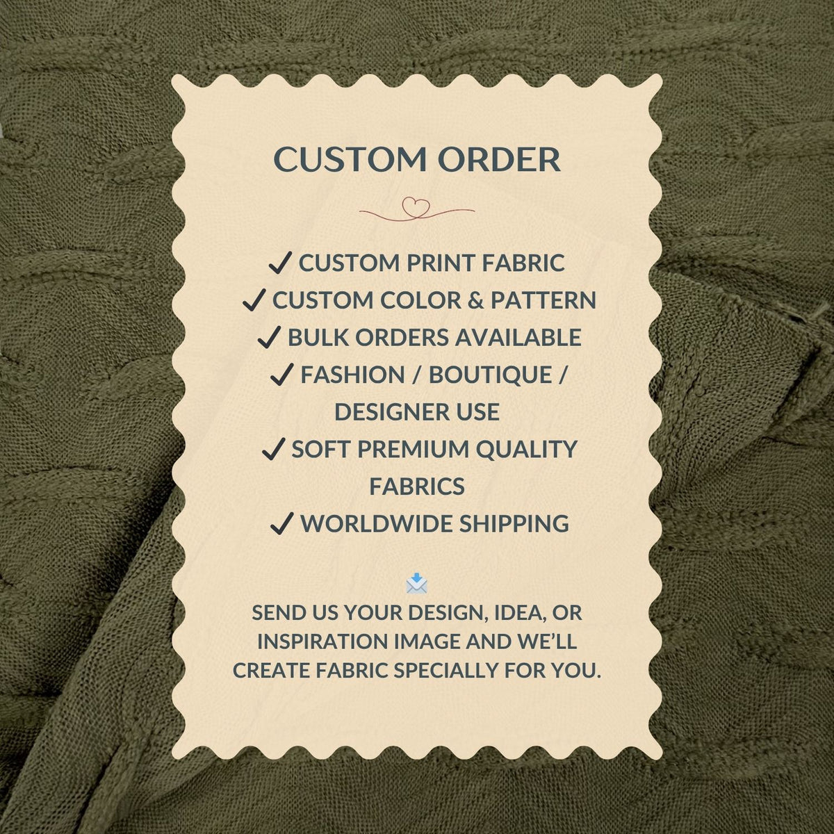 Custom order information card on a textured fabric background