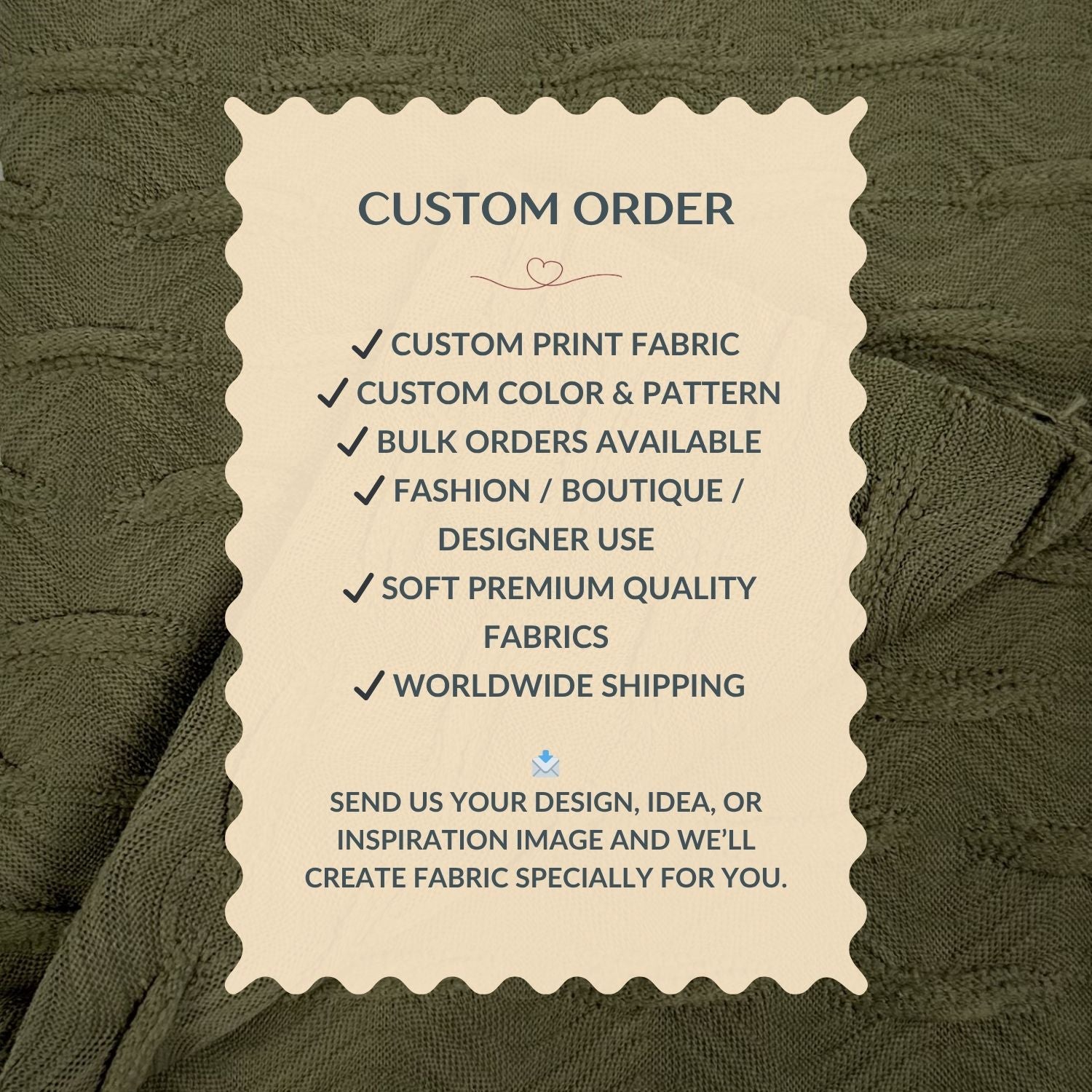 Custom order information card on a textured fabric background