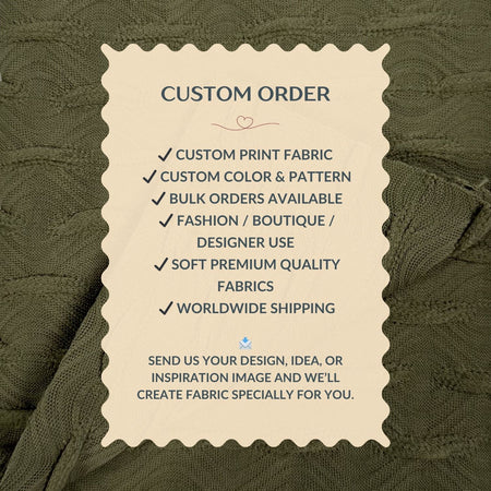 Custom order information card on a textured fabric background