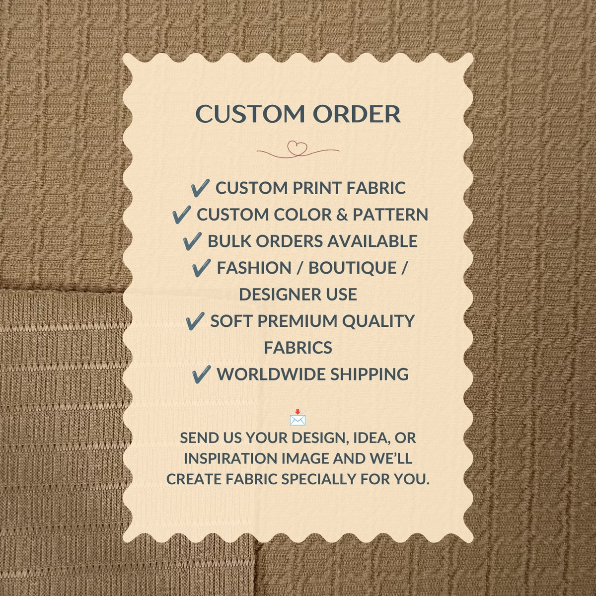 Custom order information card on a textured fabric background
