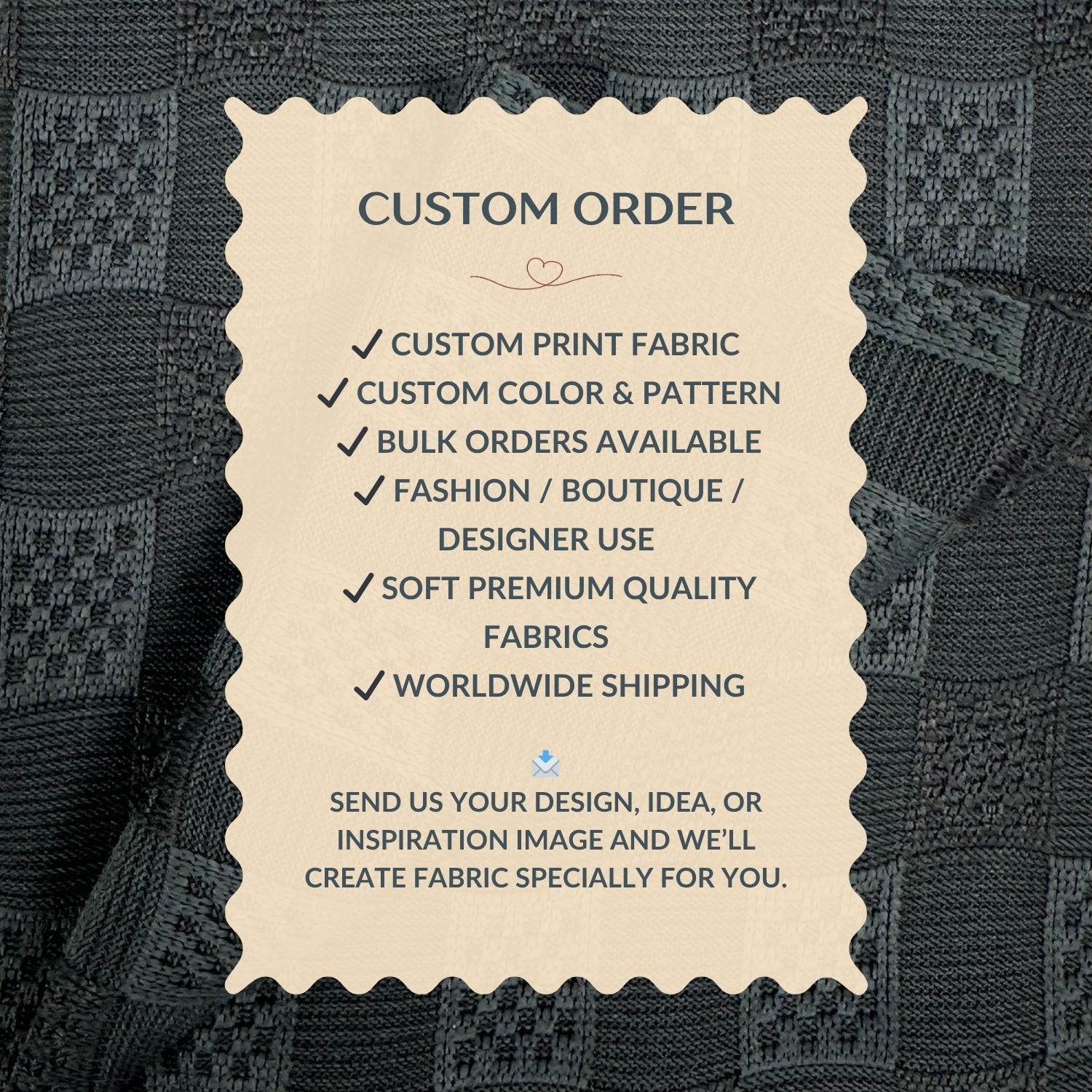 Text overlay on fabric with customizable order details