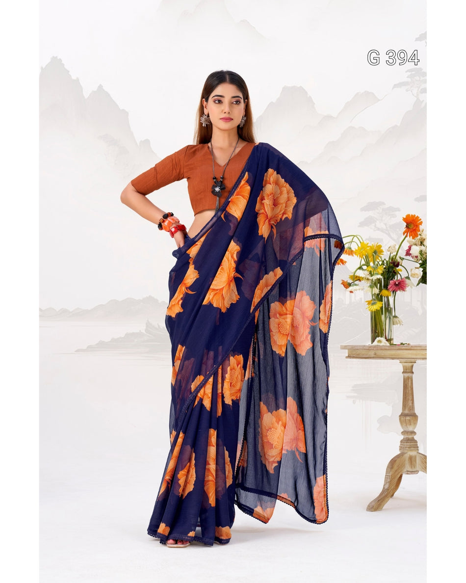 Floral Printed Chiffon Saree with Lace Border – G 394