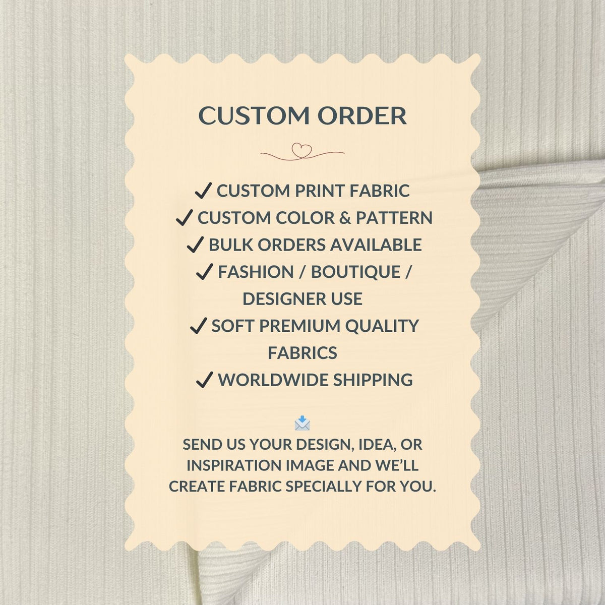 Custom order information card on a fabric background