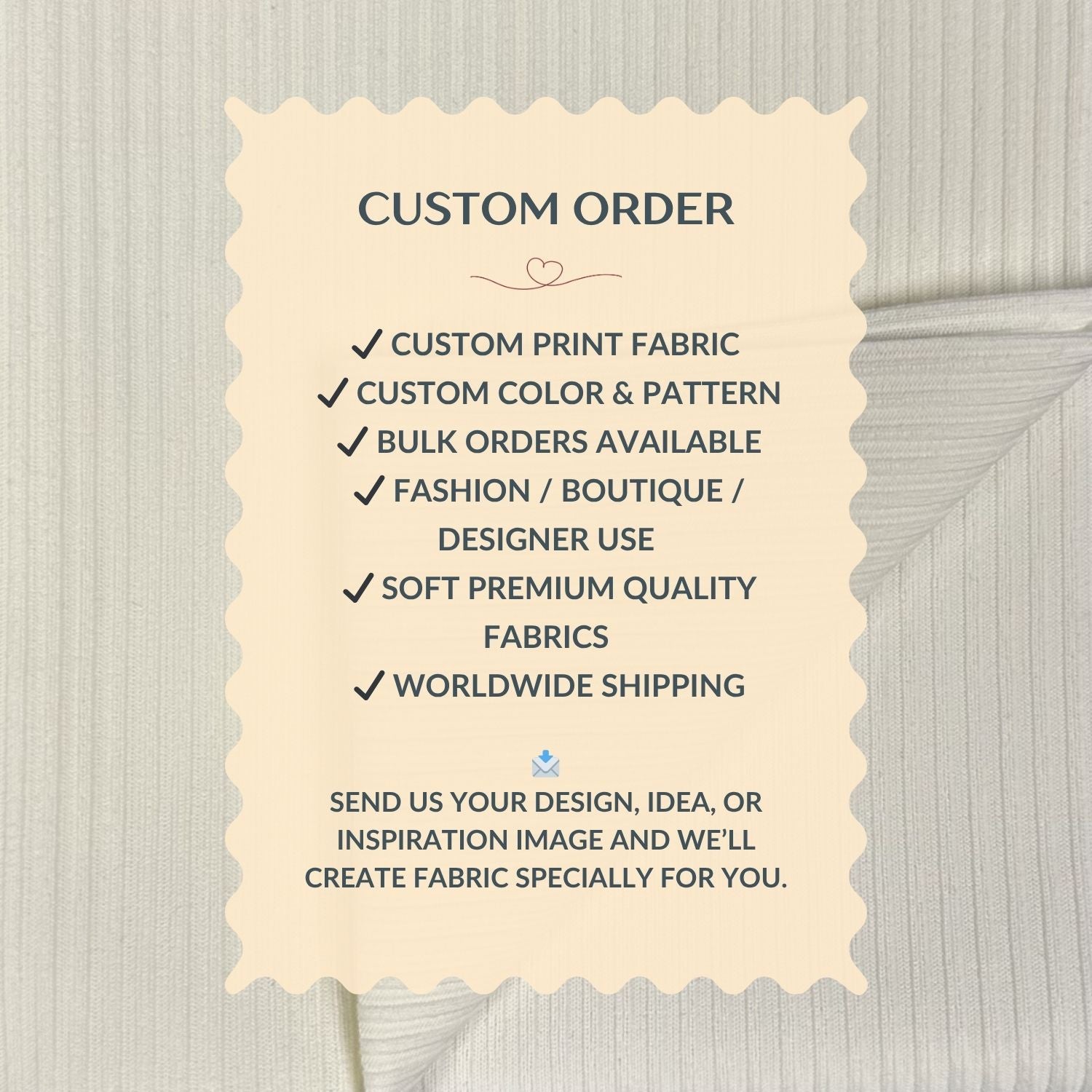 Custom order information card on a fabric background