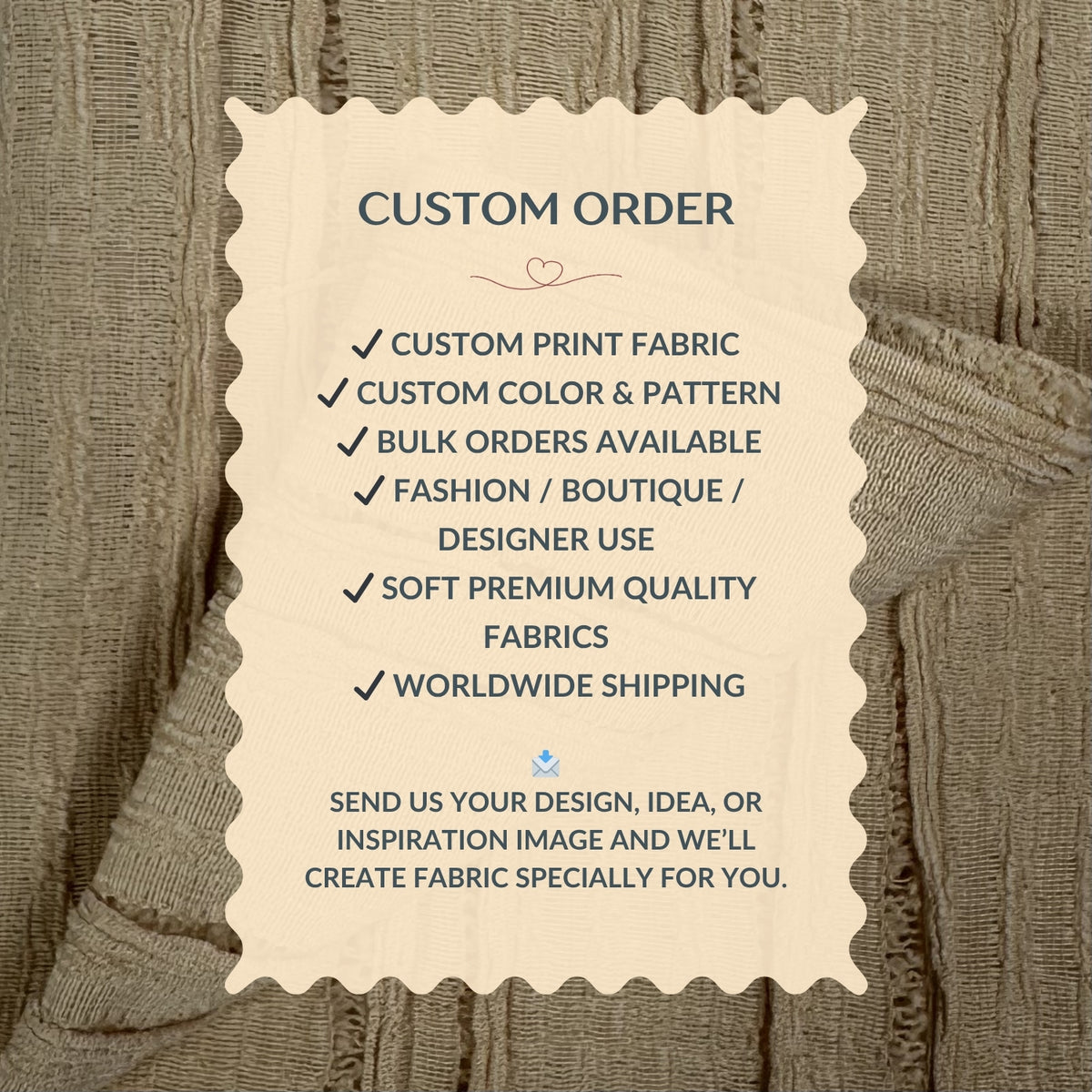 Text overlay on fabric with customizable order details