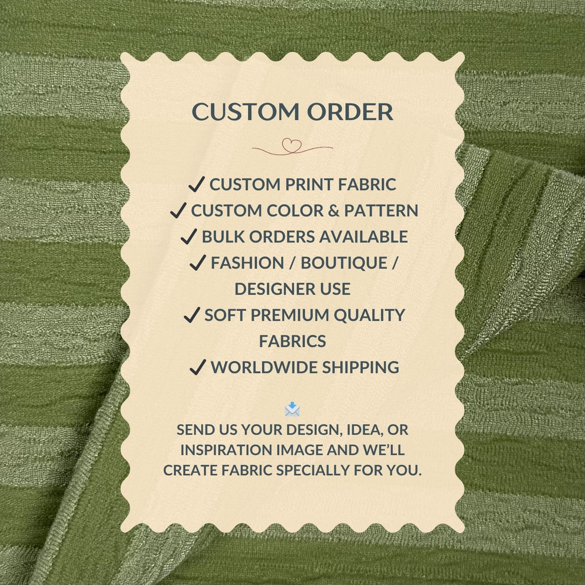 Custom order information card on a green fabric background